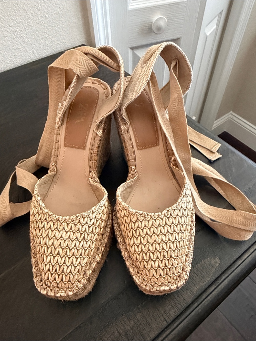 Zara Natural Tan Woven Espadrille Wedge Sandals with Ankle Ties